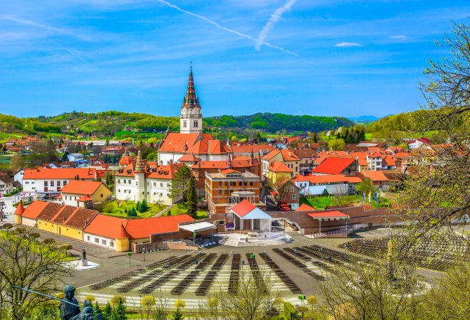 Aerial view at marble marian shrine Marija Bistrica in Zagorje region, Croatia Europe.